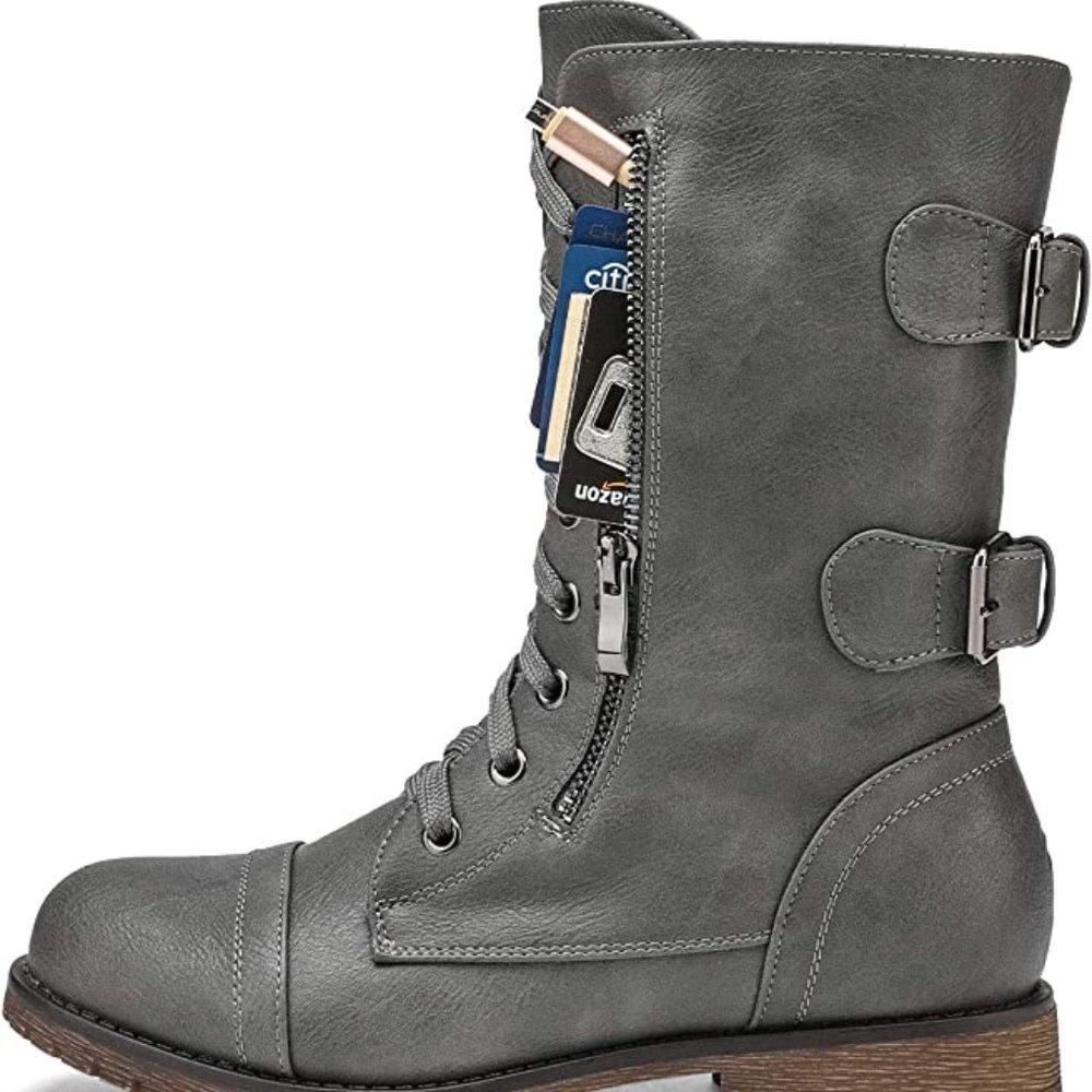 NEW Dream Pairs Womens Terran Mid Calf Combat Boots Built-in Wallet Pocket Sz 7